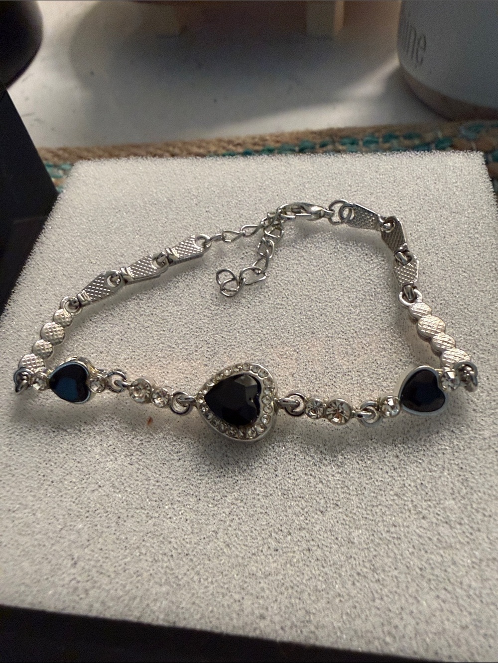 Heart Accent Silver-Tone Bracelet with Black Stones